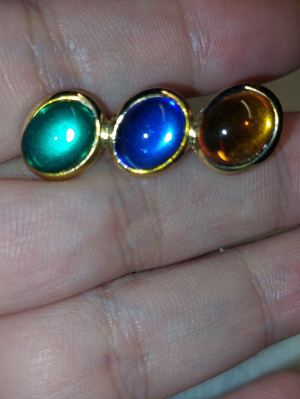 Gold-Tone Multicolor Cabochon Link Brooch- Green Blue Amber